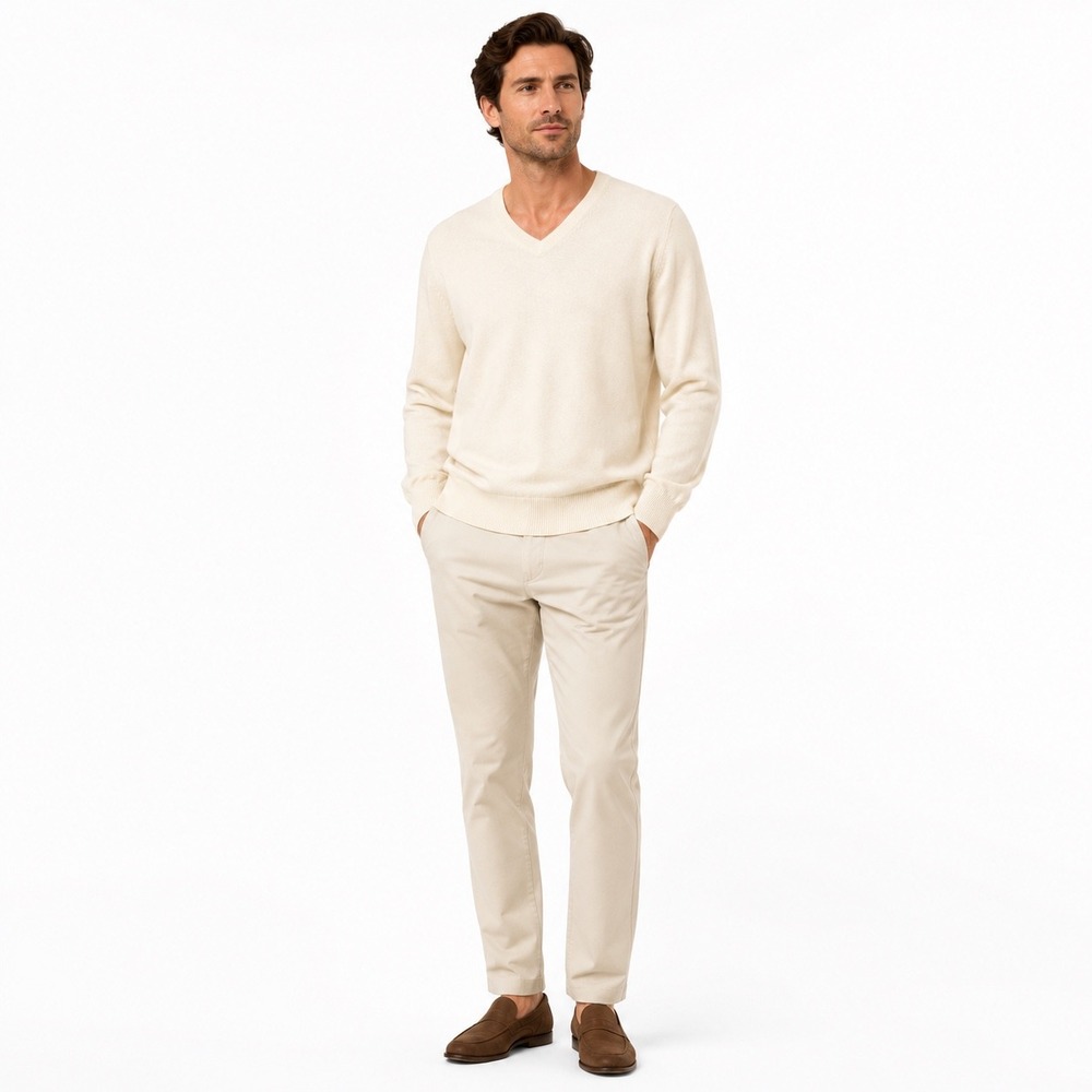 Cremieux 100% Cashmere V-Neck Sweater Mens Medium Cream Quiet Luxury Old Money